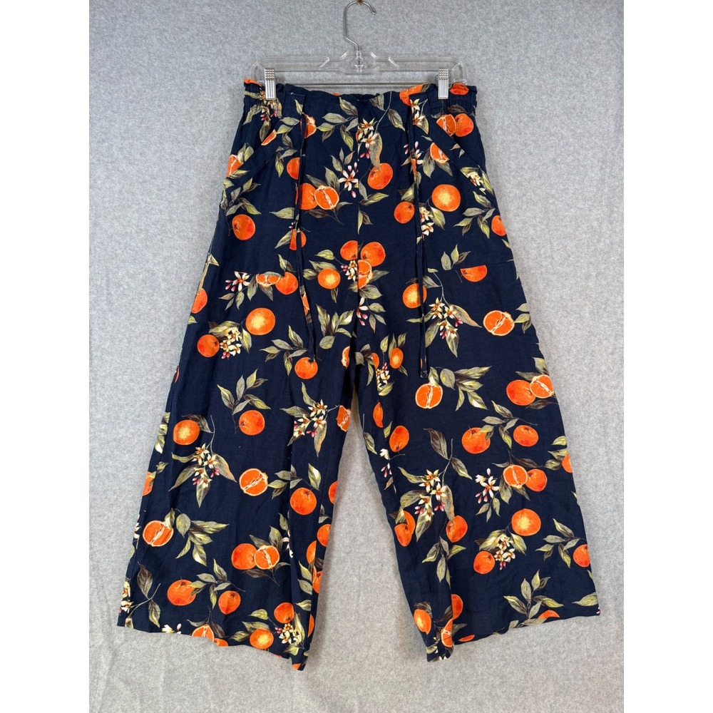 Loft MP Crop Pants Orange Citrus Print Linen Blend Wide Leg Navy